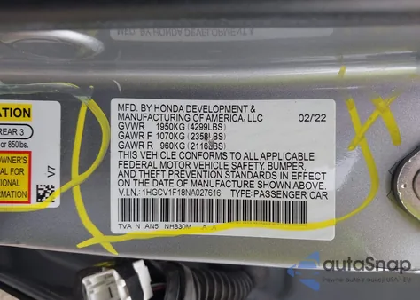 2022 Honda Accord Lx из США, поврежденный, VIN 1HGCV1F18NA027616